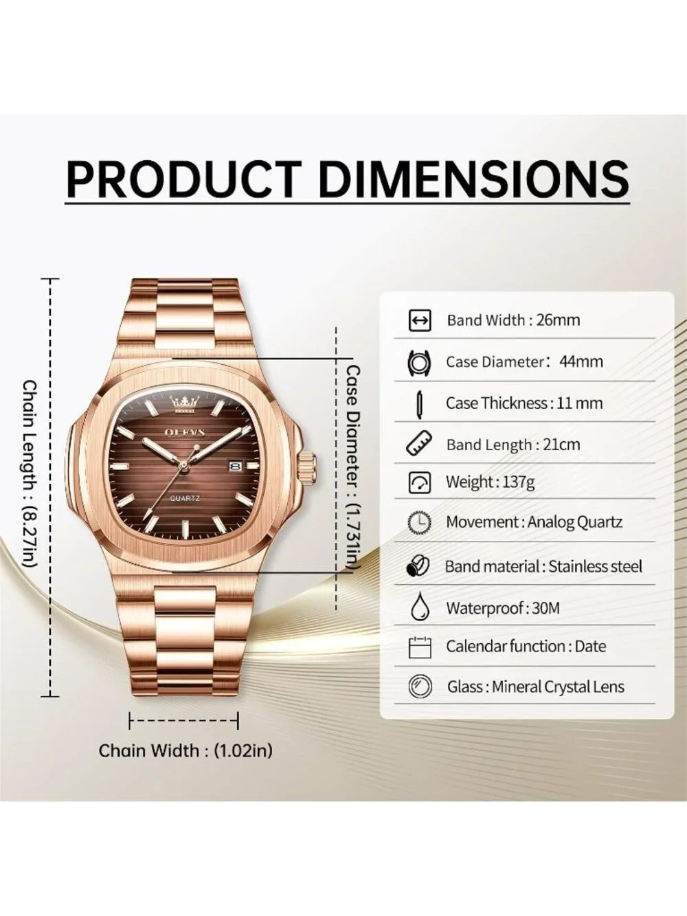 Men's Rose Gold/Brown Luxury Octagon Stainless Steel Waterproof Dress Watch